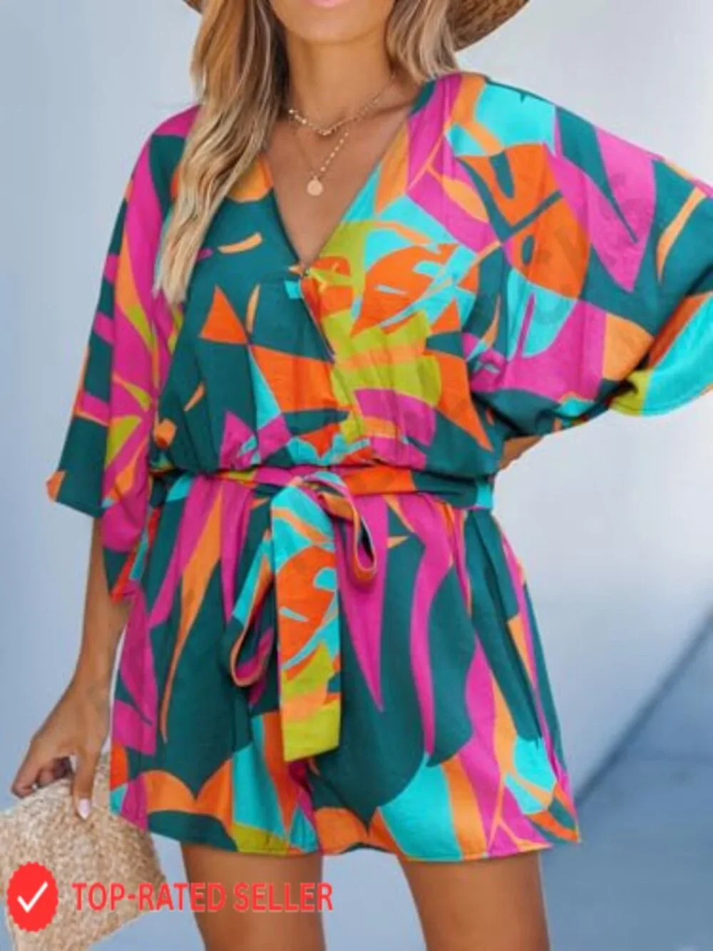 Women's Tropical Mini Romper V-Neck Batwing Sleeve Wide Leg Belted